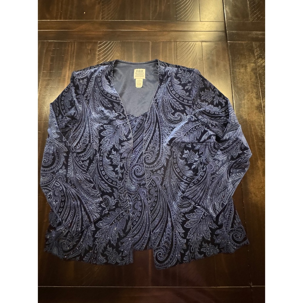 R&M Richards Navy Blue Velvet Paisley Glitter Open Front Jacket 14WP